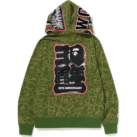 1AB596B508314 BAPE 30th Anniversary Line Camo Shark Full Zip Hoodie Green