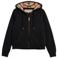 Burberry Zip Up Hoodie With Check Hood Black/Brich Brown