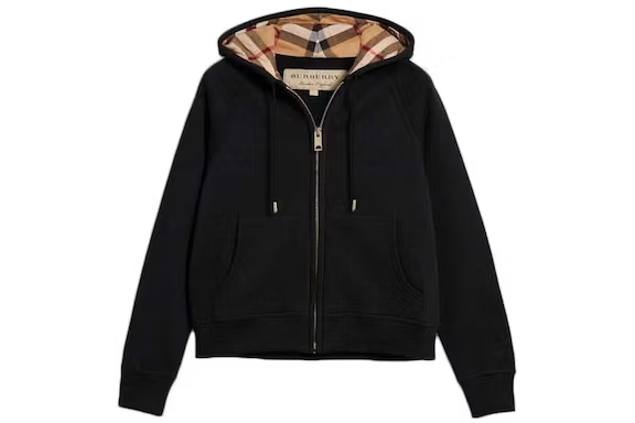 Burberry Zip Up Hoodie With Check Hood Black/Brich Brown