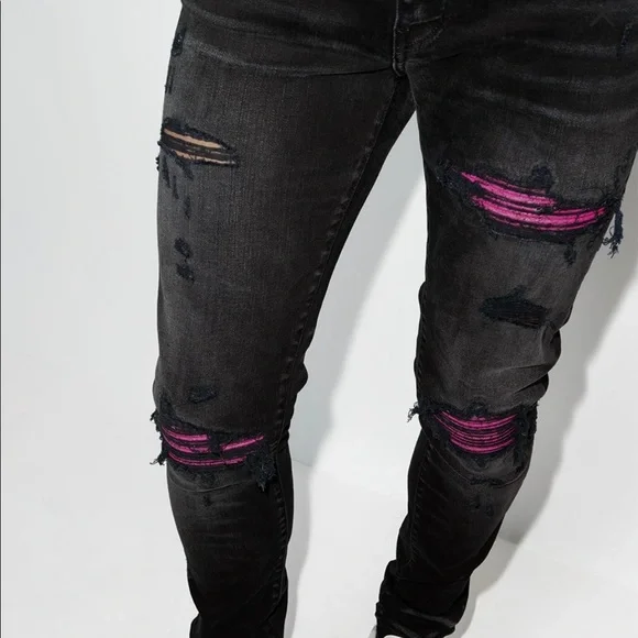 amiri_distressed_mx1_slim_fit_cracked_jean_black_and_pink_1B532B3A1021C Amiri Distressed MX1 Slim Fit Cracked Jean Black and Pink