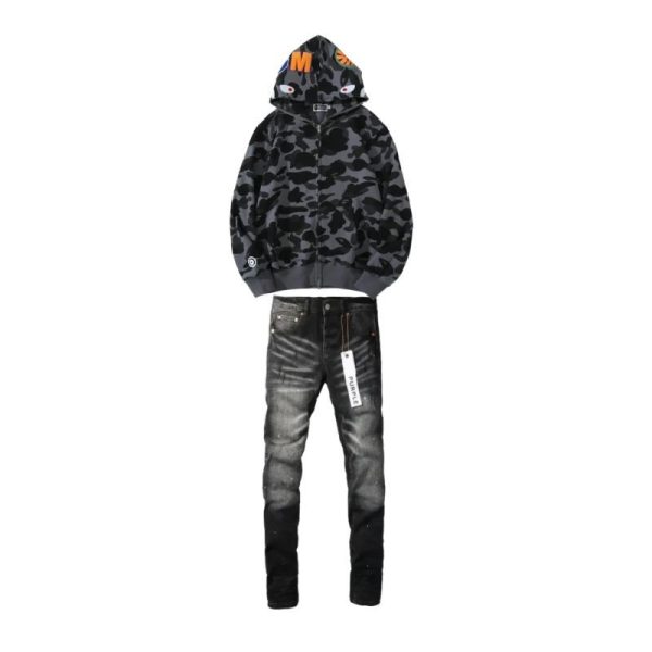 BAPE Color Camo Shark Zip Hoodie Black 4580793319054+Purple Brand Fashion Jeans YZ072444
