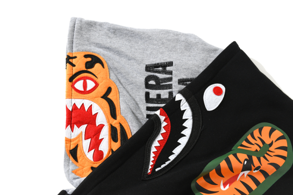 BAPE tiger head double hood camouflage patchwork hoodie