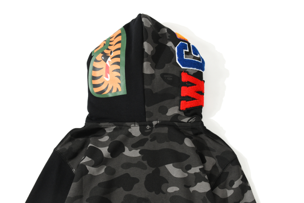 BAPE tiger head double hood camouflage patchwork hoodie
