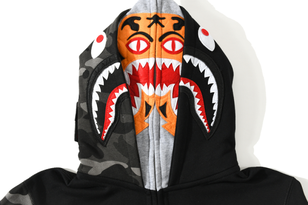 BAPE tiger head double hood camouflage patchwork hoodie