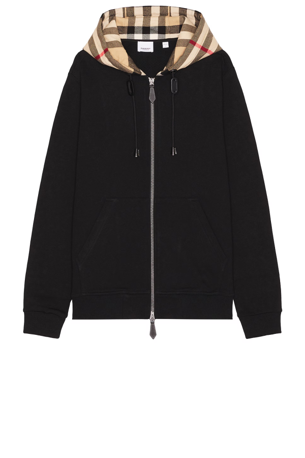 Burberry Zip Up Hoodie With Check Hood Black/Archive Beige Burberry Zip Up Hoodie With Check Hood Black/Archive Beige