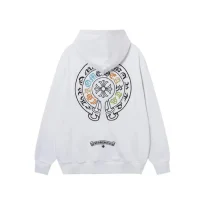 Chrome Hearts Cross Sanskrit Colorful Letters Embroidery Print Hoodie White Chrome Hearts Cross Sanskrit Colorful Letters Embroidery Print Hoodie White