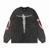 Hellstar Christ Long-Sleeve Washed Black T-Shirt D3102 Old Brick Red