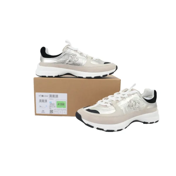 PK God Batch Chanel Interlocking CC Logo Laminated Calfskin & Suede Calfskin Sneakers Light Gold, Light Gray & Black