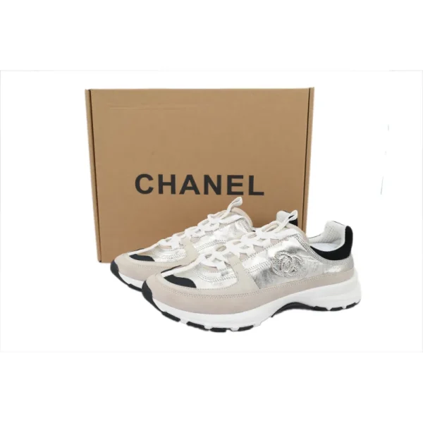 PK God Batch Chanel Interlocking CC Logo Laminated Calfskin & Suede Calfskin Sneakers Light Gold, Light Gray & Black